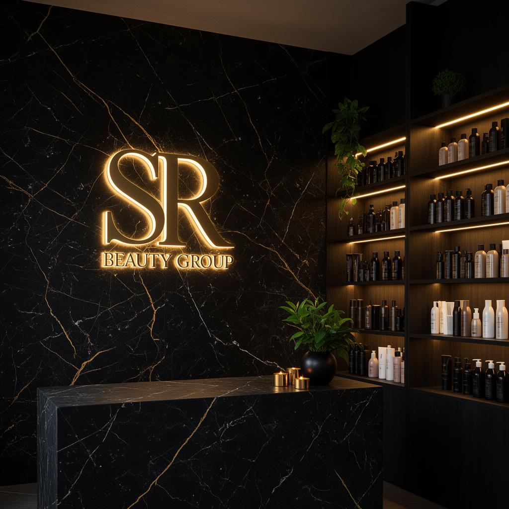 Receção do salão SR Beauty Group com logo dourado iluminado em parede de mármore preto